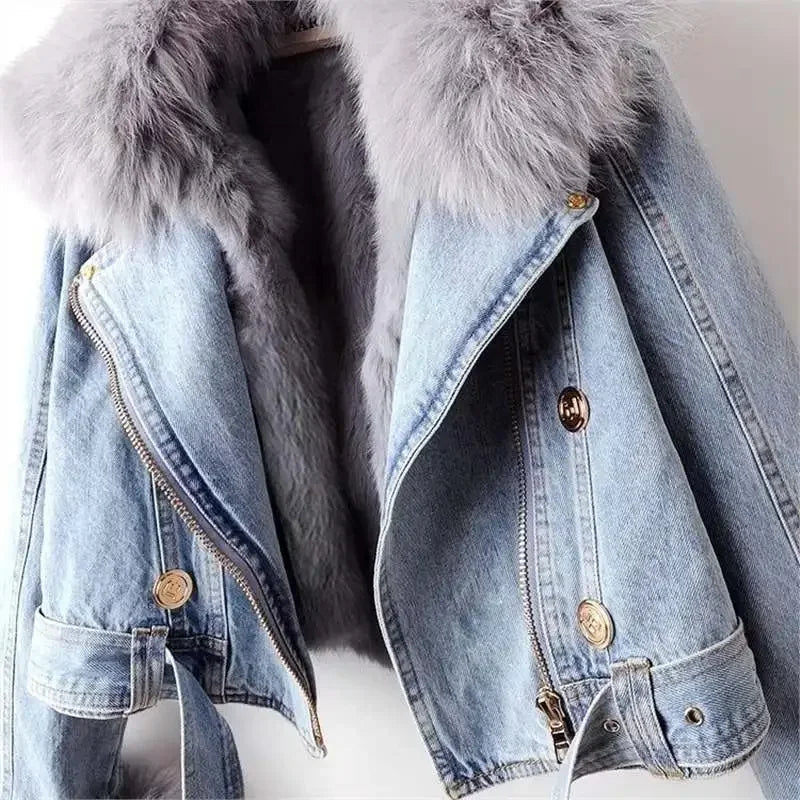 Giacca di jeans da colletto di pelliccia di pelliccia
