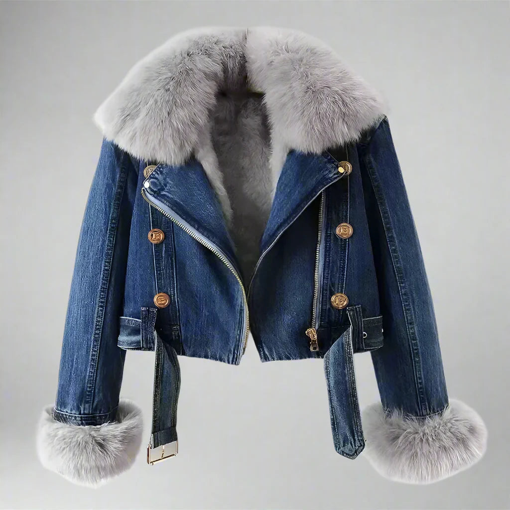 Giacca di jeans da colletto di pelliccia di pelliccia