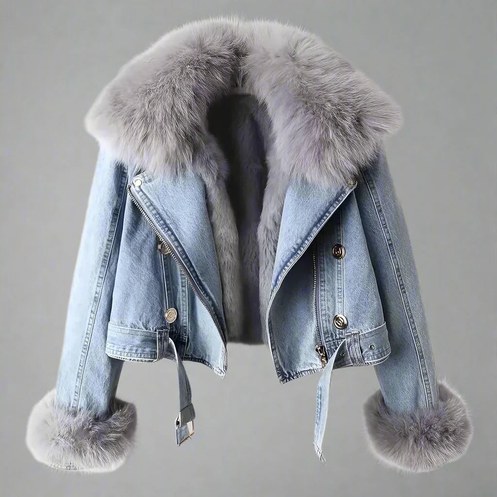 Giacca di jeans da colletto di pelliccia di pelliccia
