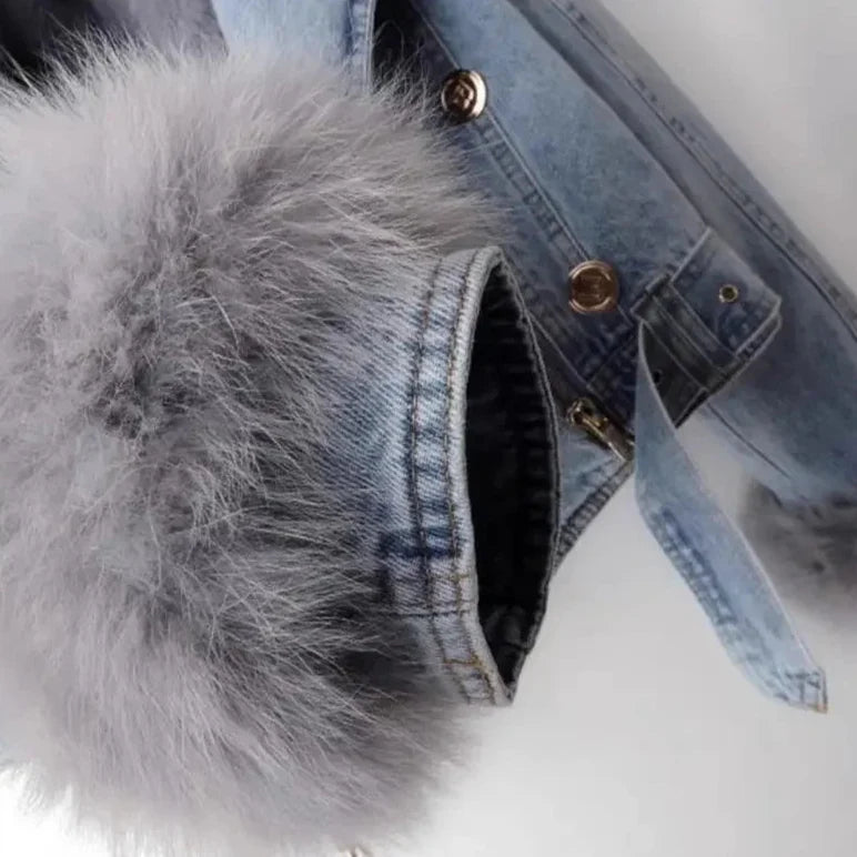 Giacca di jeans da colletto di pelliccia di pelliccia